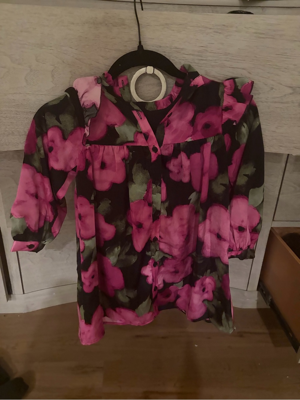 Girls Floral Ruffle Neck Blouse - Pink & Green